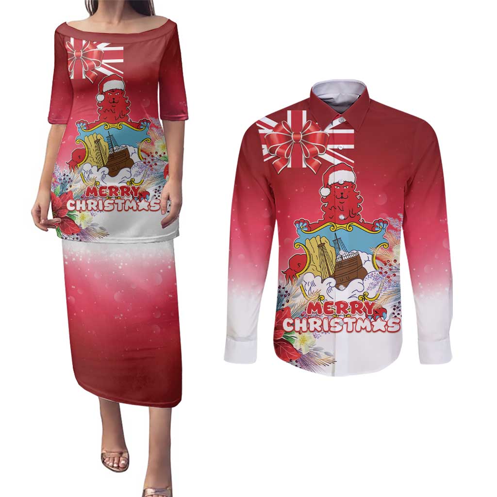 Bermuda Christmas Couples Matching Puletasi and Long Sleeve Button Shirt Coquette Bow Xmas Vibe - Wonder Print Shop