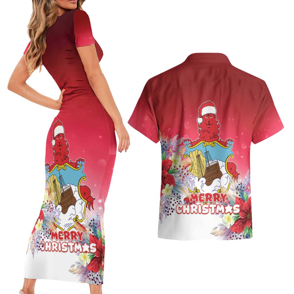 Bermuda Christmas Couples Matching Short Sleeve Bodycon Dress and Hawaiian Shirt Coquette Bow Xmas Vibe - Wonder Print Shop