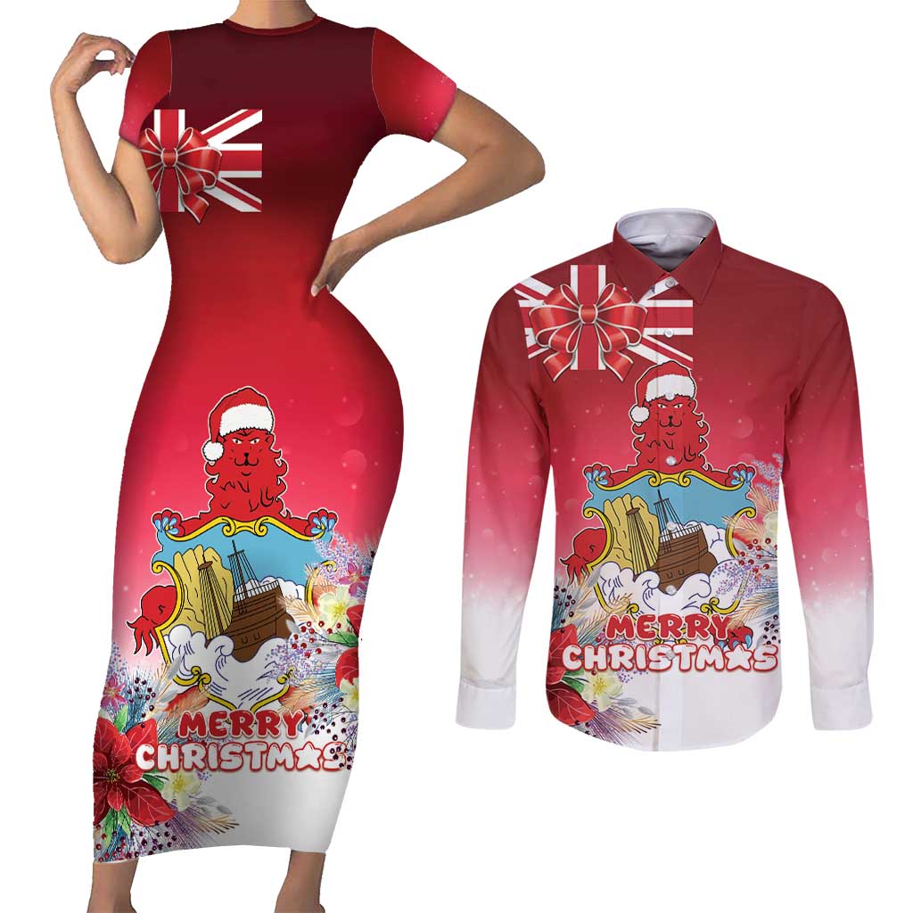 Bermuda Christmas Couples Matching Short Sleeve Bodycon Dress and Long Sleeve Button Shirt Coquette Bow Xmas Vibe - Wonder Print Shop