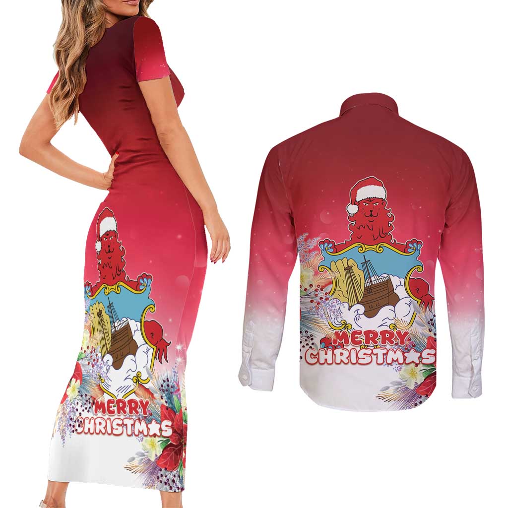 Bermuda Christmas Couples Matching Short Sleeve Bodycon Dress and Long Sleeve Button Shirt Coquette Bow Xmas Vibe - Wonder Print Shop
