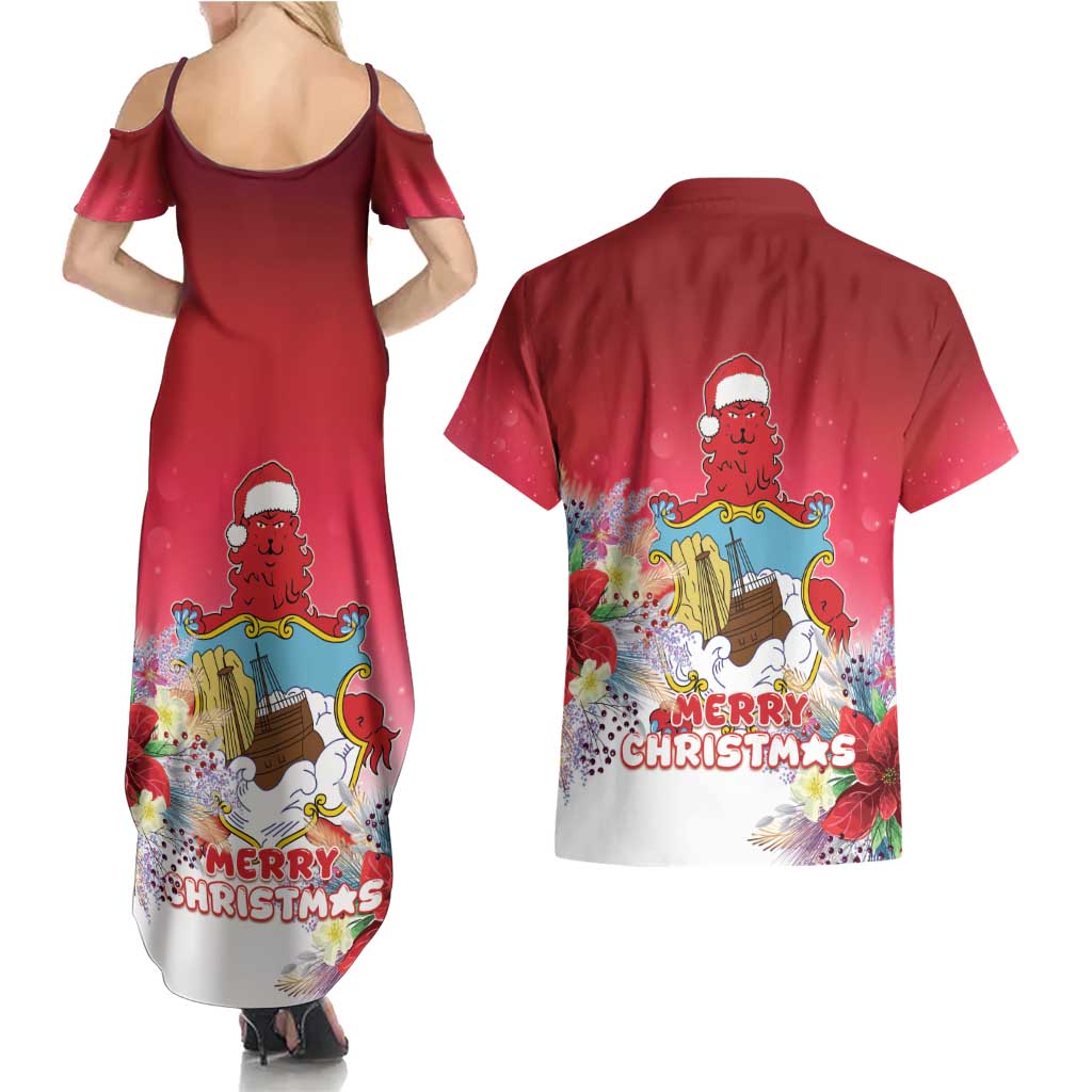 Bermuda Christmas Couples Matching Summer Maxi Dress and Hawaiian Shirt Coquette Bow Xmas Vibe - Wonder Print Shop