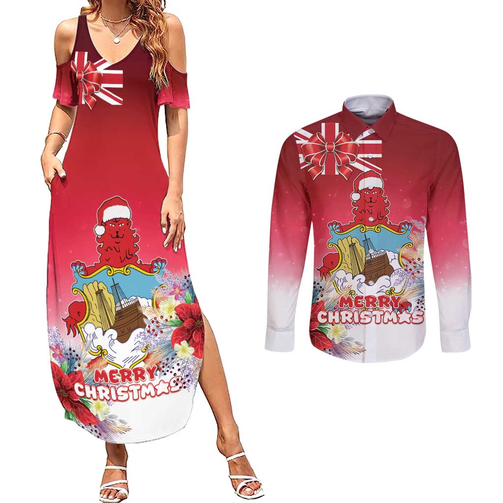 Bermuda Christmas Couples Matching Summer Maxi Dress and Long Sleeve Button Shirt Coquette Bow Xmas Vibe - Wonder Print Shop