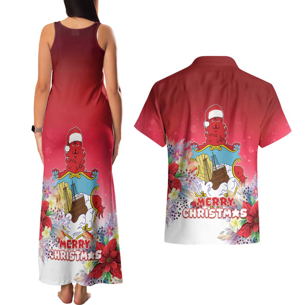 Bermuda Christmas Couples Matching Tank Maxi Dress and Hawaiian Shirt Coquette Bow Xmas Vibe - Wonder Print Shop