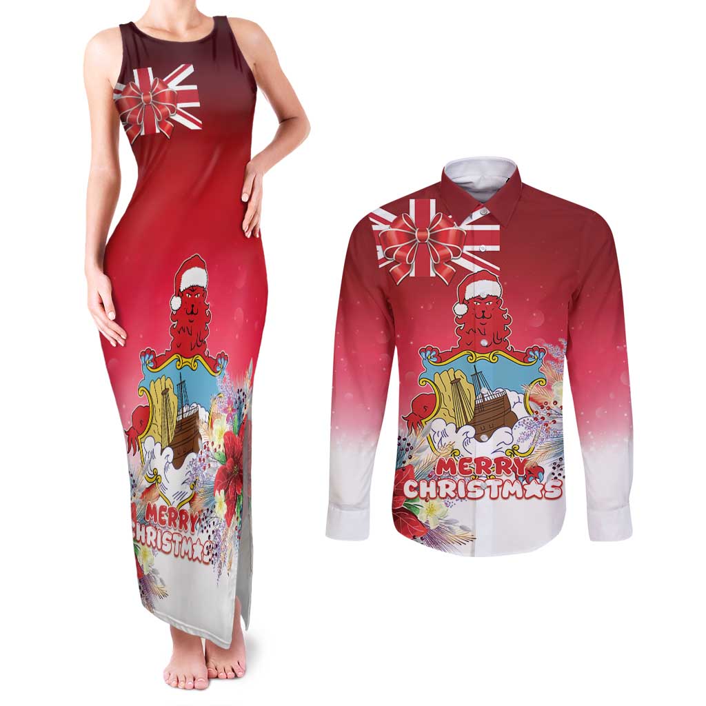 Bermuda Christmas Couples Matching Tank Maxi Dress and Long Sleeve Button Shirt Coquette Bow Xmas Vibe - Wonder Print Shop