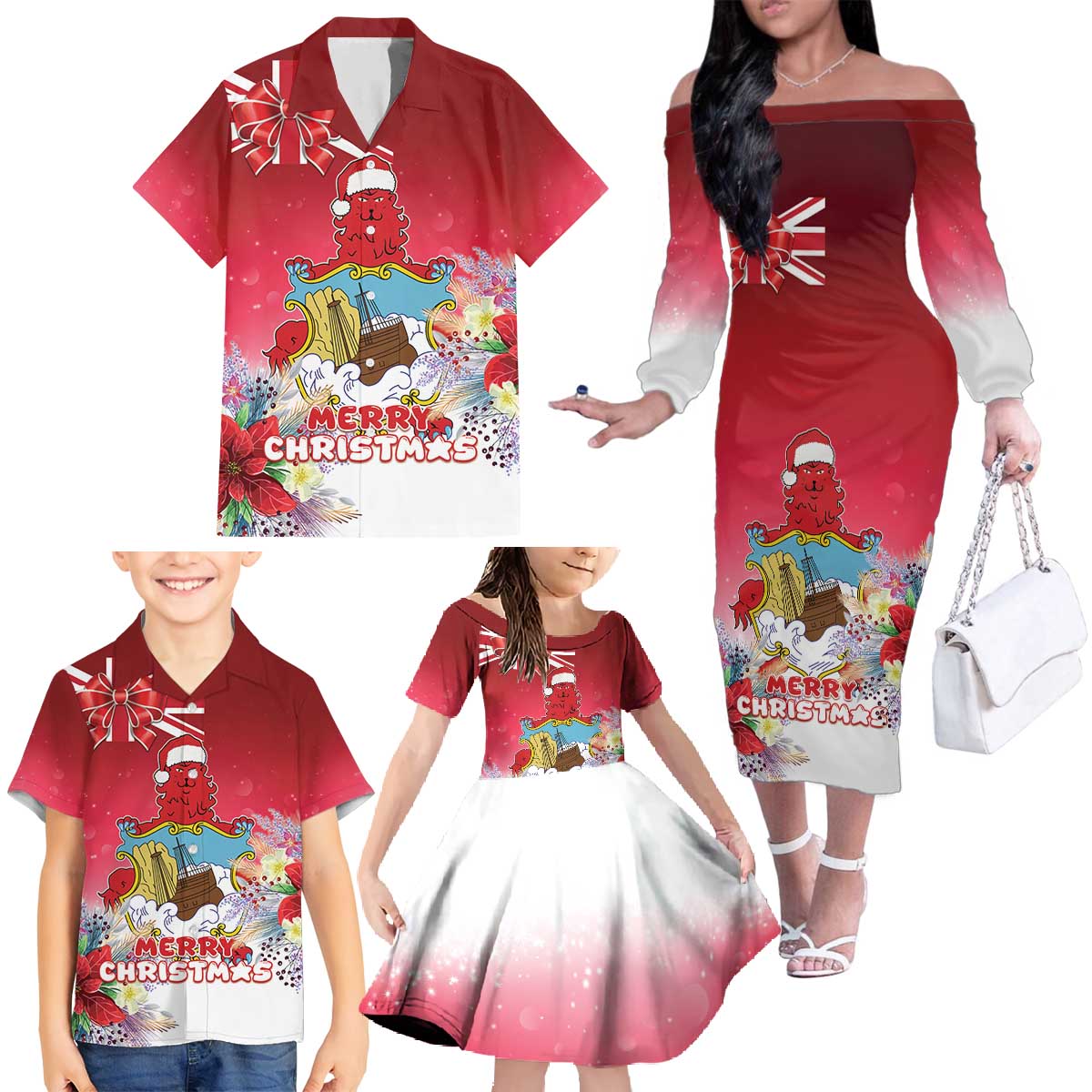 Bermuda Christmas Family Matching Off The Shoulder Long Sleeve Dress and Hawaiian Shirt Coquette Bow Xmas Vibe - Wonder Print Shop
