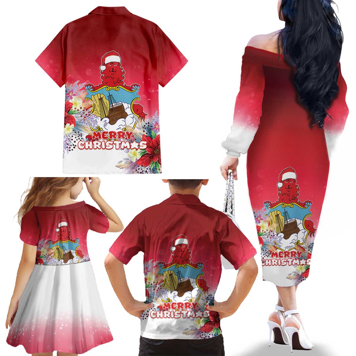 Bermuda Christmas Family Matching Off The Shoulder Long Sleeve Dress and Hawaiian Shirt Coquette Bow Xmas Vibe - Wonder Print Shop