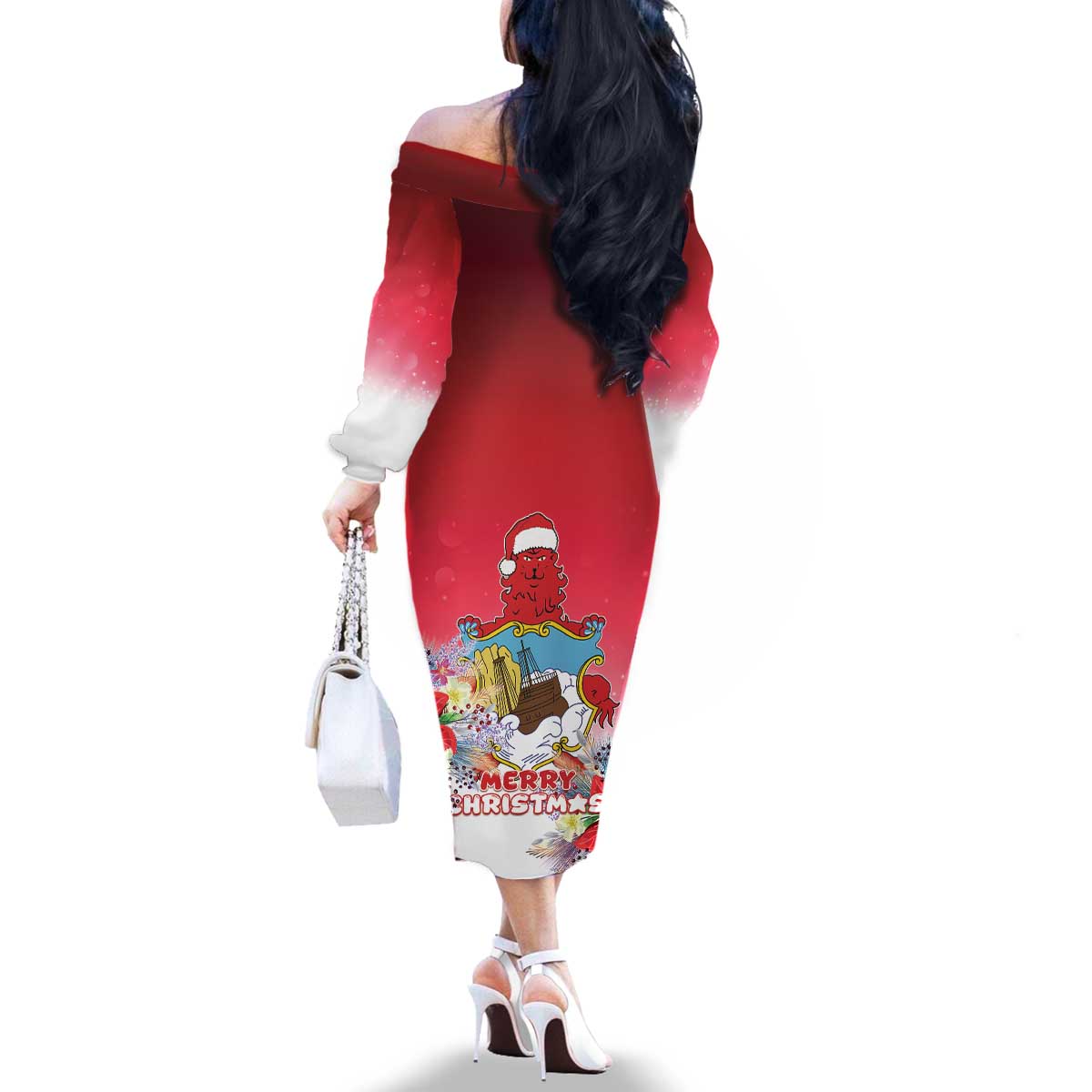 Bermuda Christmas Family Matching Off The Shoulder Long Sleeve Dress and Hawaiian Shirt Coquette Bow Xmas Vibe - Wonder Print Shop