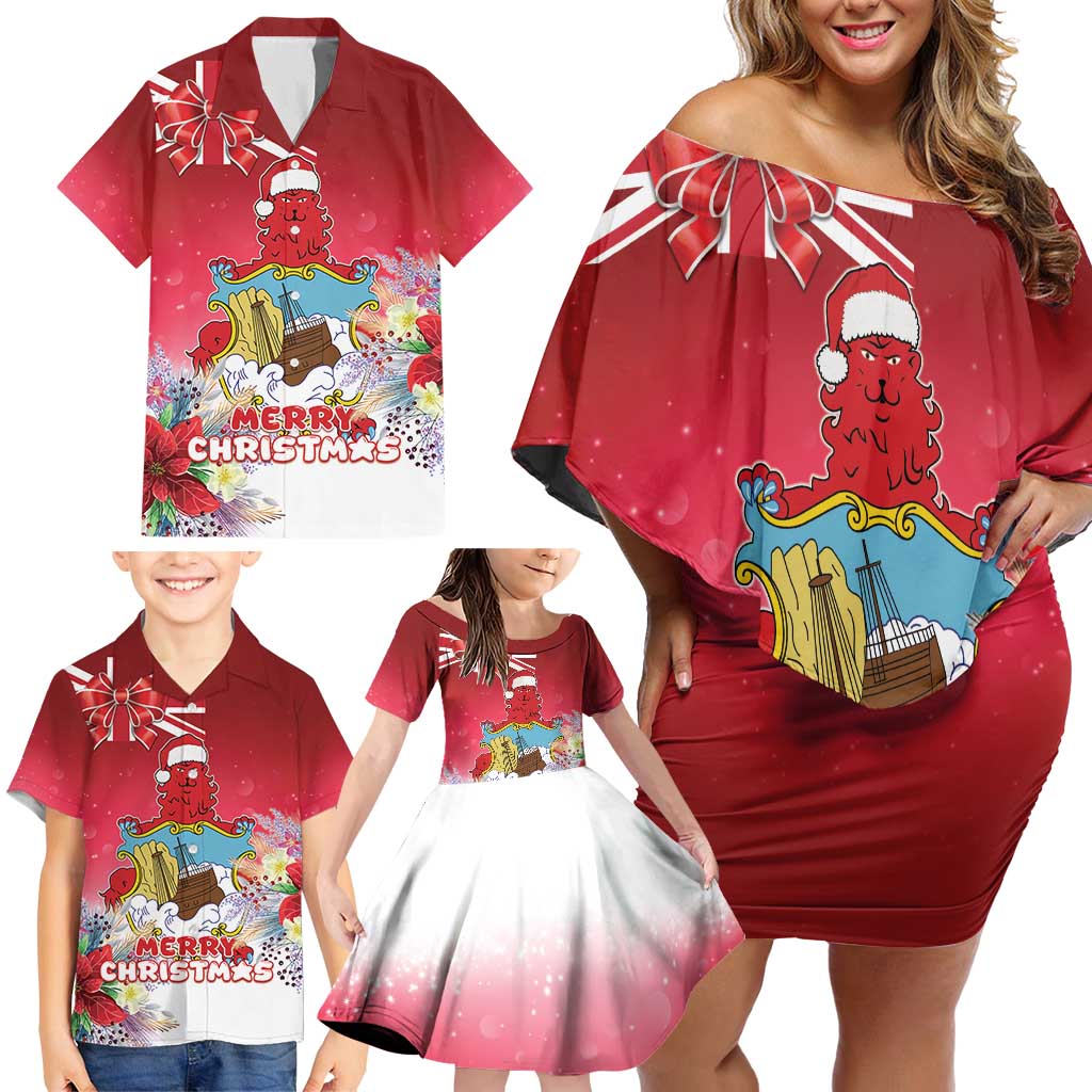 Bermuda Christmas Family Matching Off Shoulder Short Dress and Hawaiian Shirt Coquette Bow Xmas Vibe - Wonder Print Shop