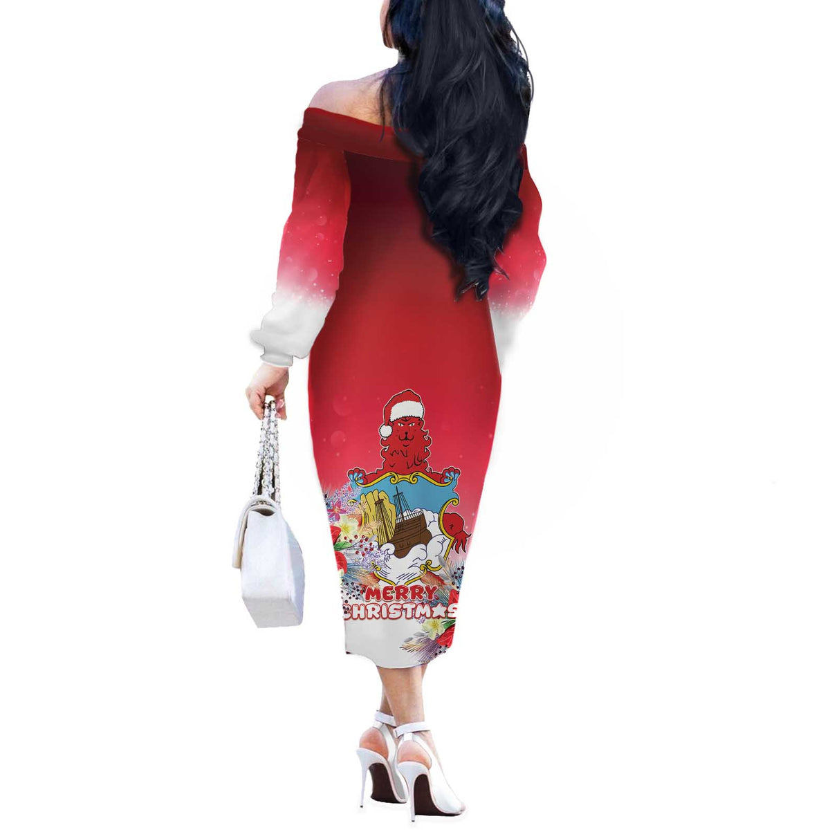 Bermuda Christmas Off The Shoulder Long Sleeve Dress Coquette Bow Xmas Vibe - Wonder Print Shop