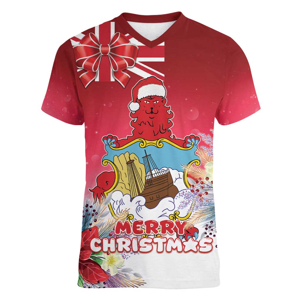 Bermuda Christmas Women V-Neck T-Shirt Coquette Bow Xmas Vibe - Wonder Print Shop