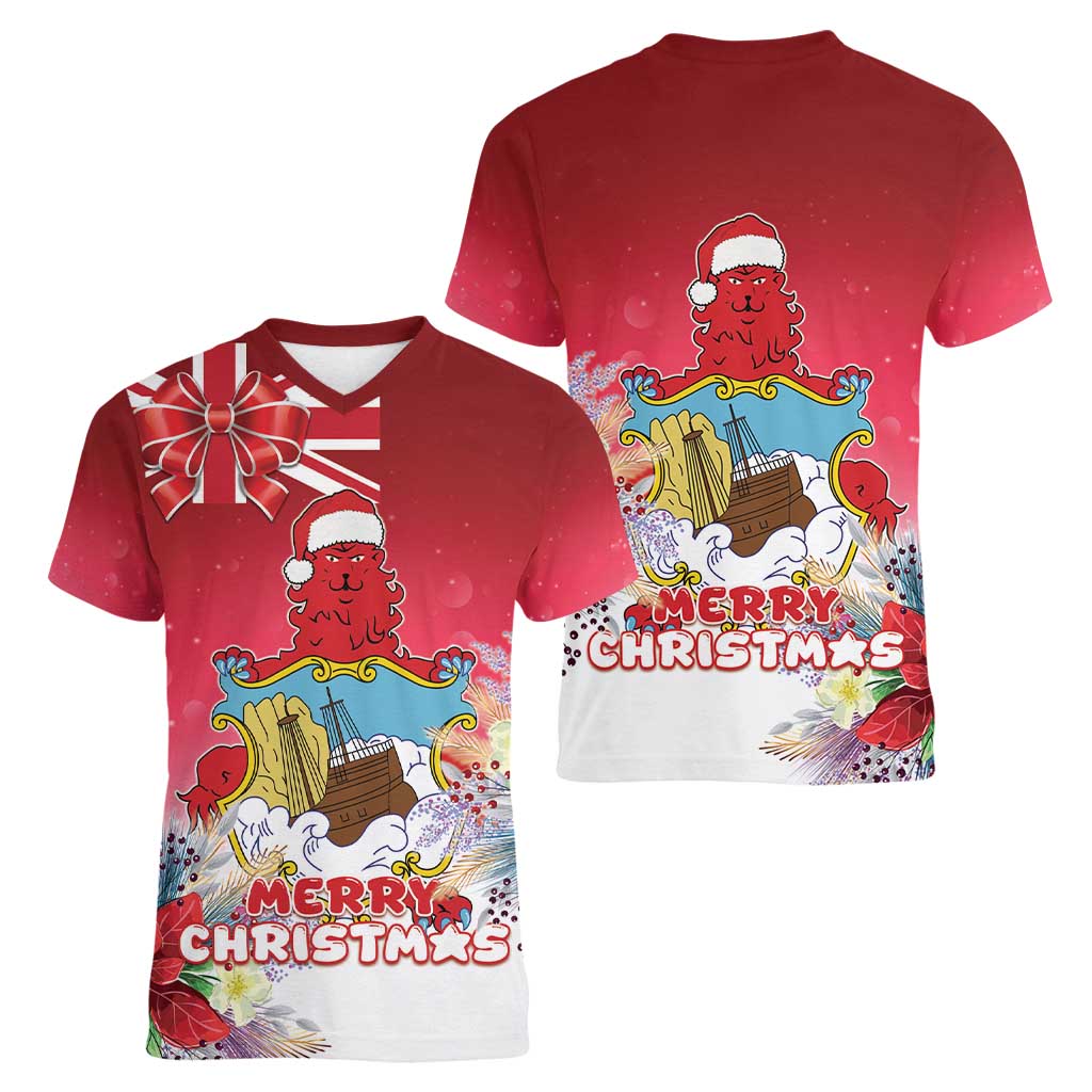 Bermuda Christmas Women V-Neck T-Shirt Coquette Bow Xmas Vibe - Wonder Print Shop