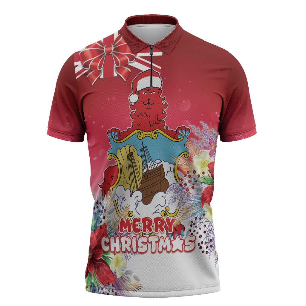 Bermuda Christmas Zipper Polo Shirt Coquette Bow Xmas Vibe - Wonder Print Shop