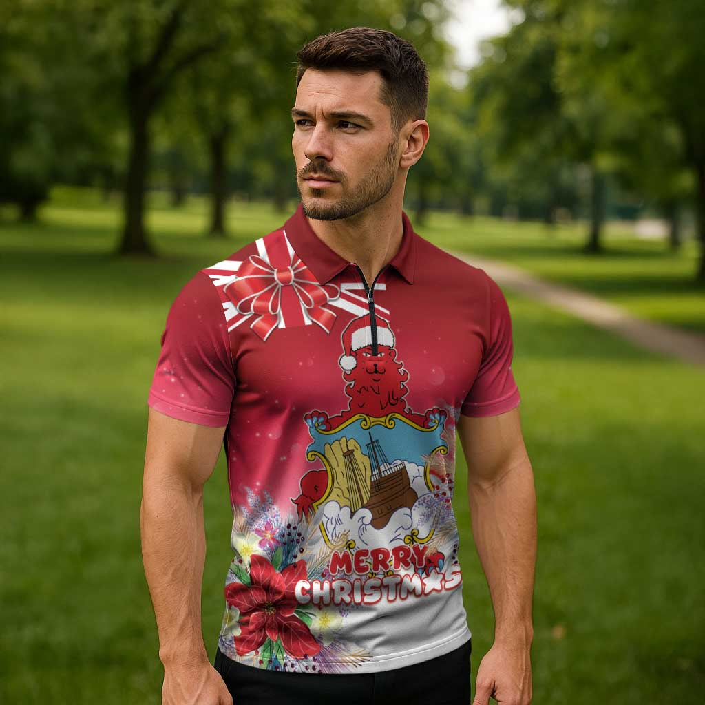 Bermuda Christmas Zipper Polo Shirt Coquette Bow Xmas Vibe - Wonder Print Shop