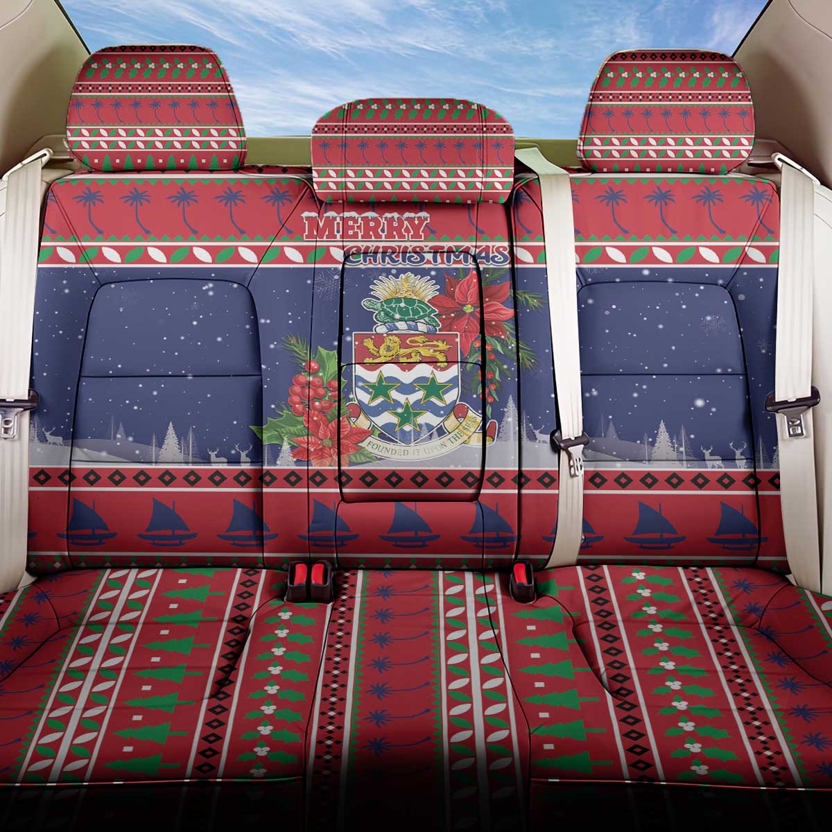 Cayman Islands Christmas Back Car Seat Cover Coat Of Arms With Poinsettia - Wonder Print Shop