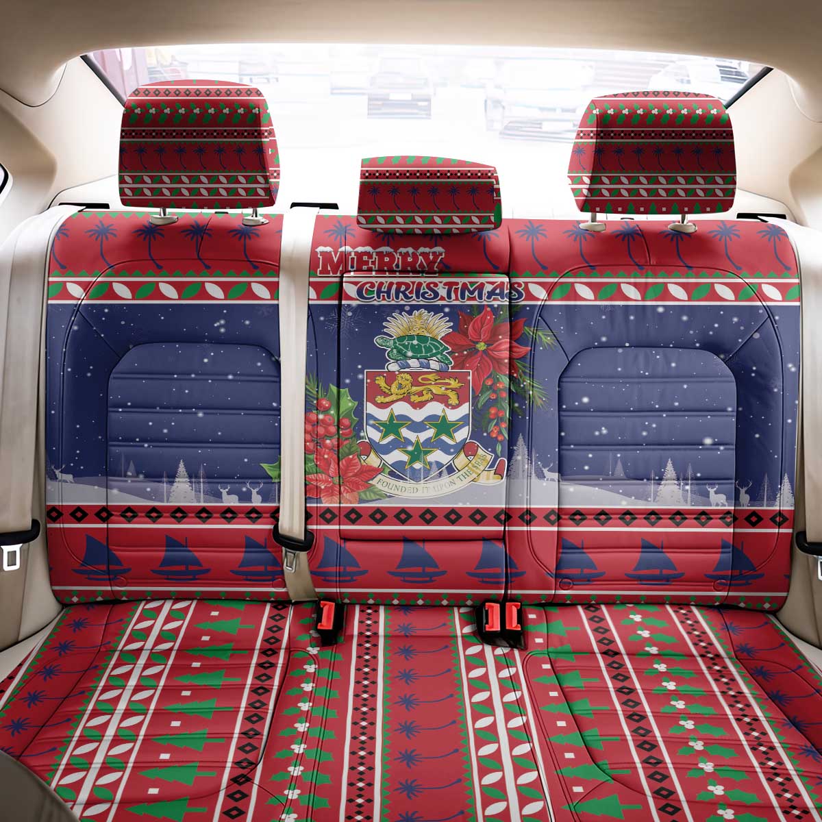 Cayman Islands Christmas Back Car Seat Cover Coat Of Arms With Poinsettia - Wonder Print Shop