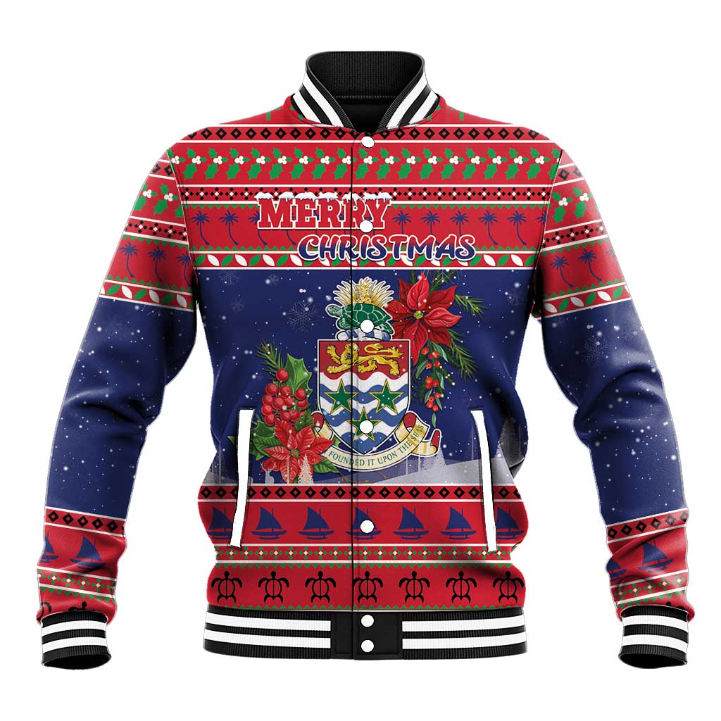 Cayman Islands Christmas Baseball Jacket Coat Of Arms With Poinsettia - Wonder Print Shop