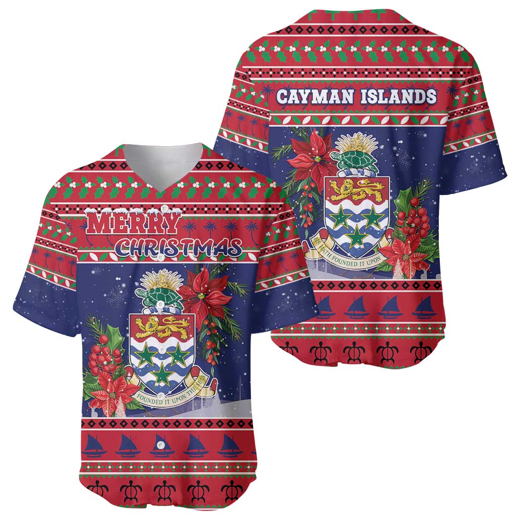 Cayman Islands Christmas Baseball Jersey Coat Of Arms With Poinsettia - Wonder Print Shop