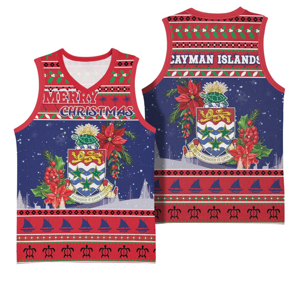 Cayman Islands Christmas Basketball Jersey Coat Of Arms With Poinsettia - Wonder Print Shop
