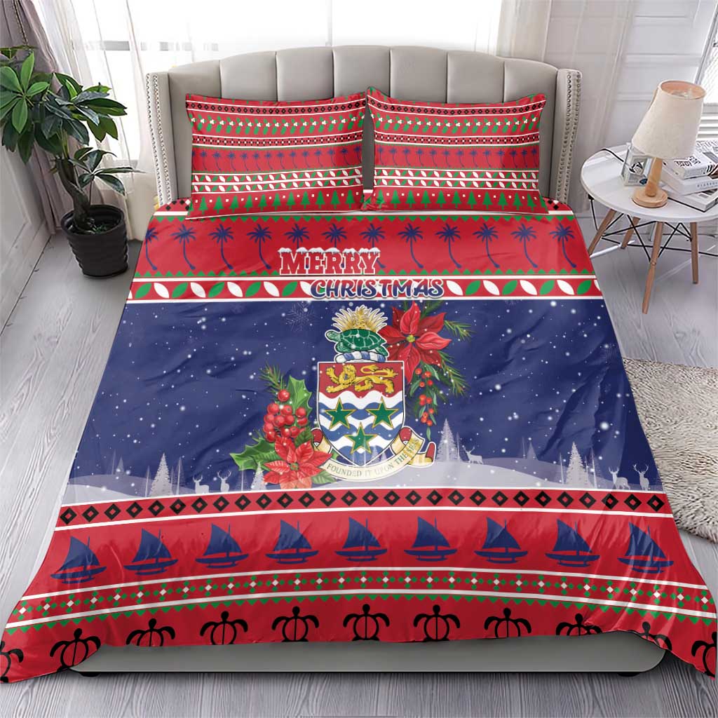 Cayman Islands Christmas Bedding Set Coat Of Arms With Poinsettia - Wonder Print Shop