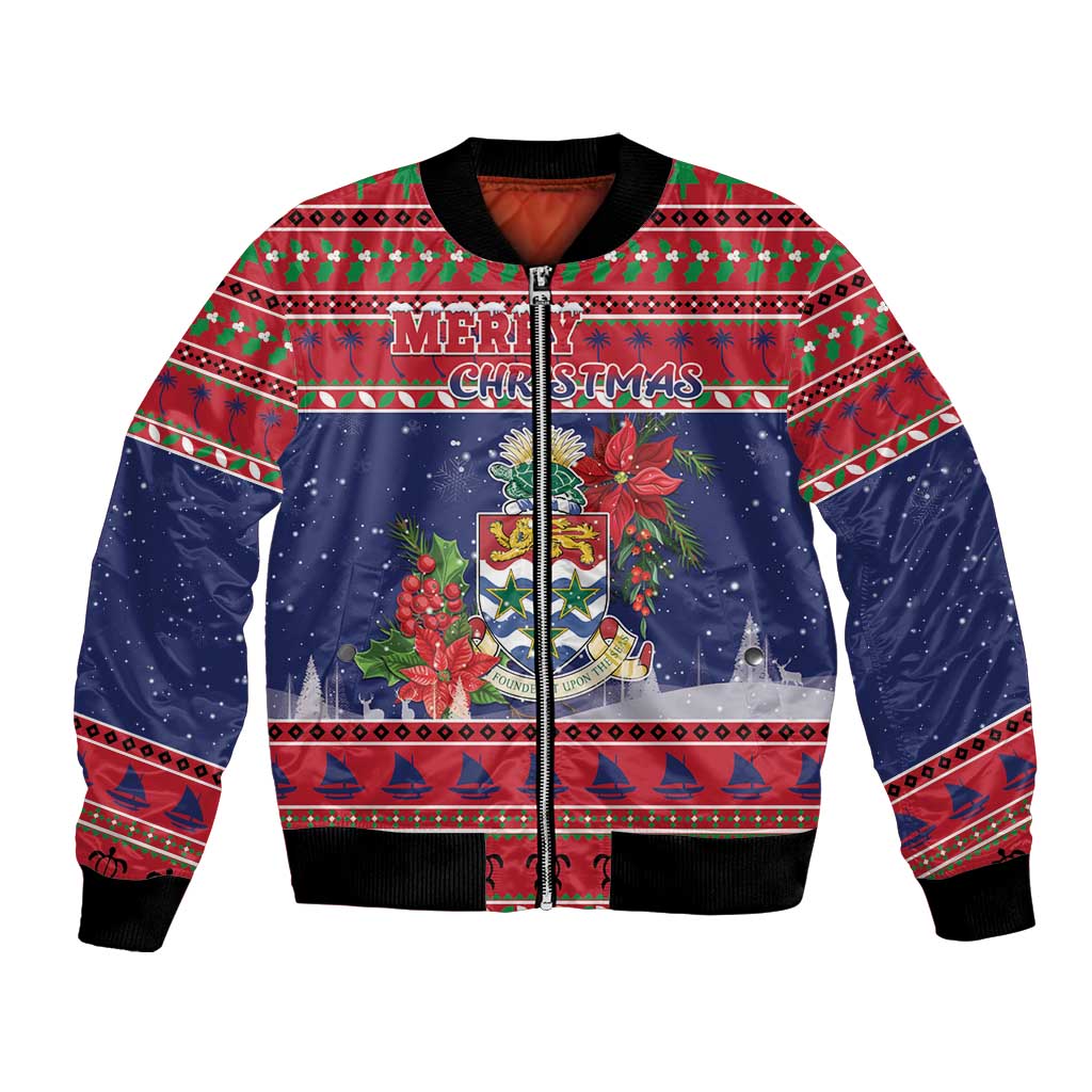 Cayman Islands Christmas Bomber Jacket Coat Of Arms With Poinsettia - Wonder Print Shop