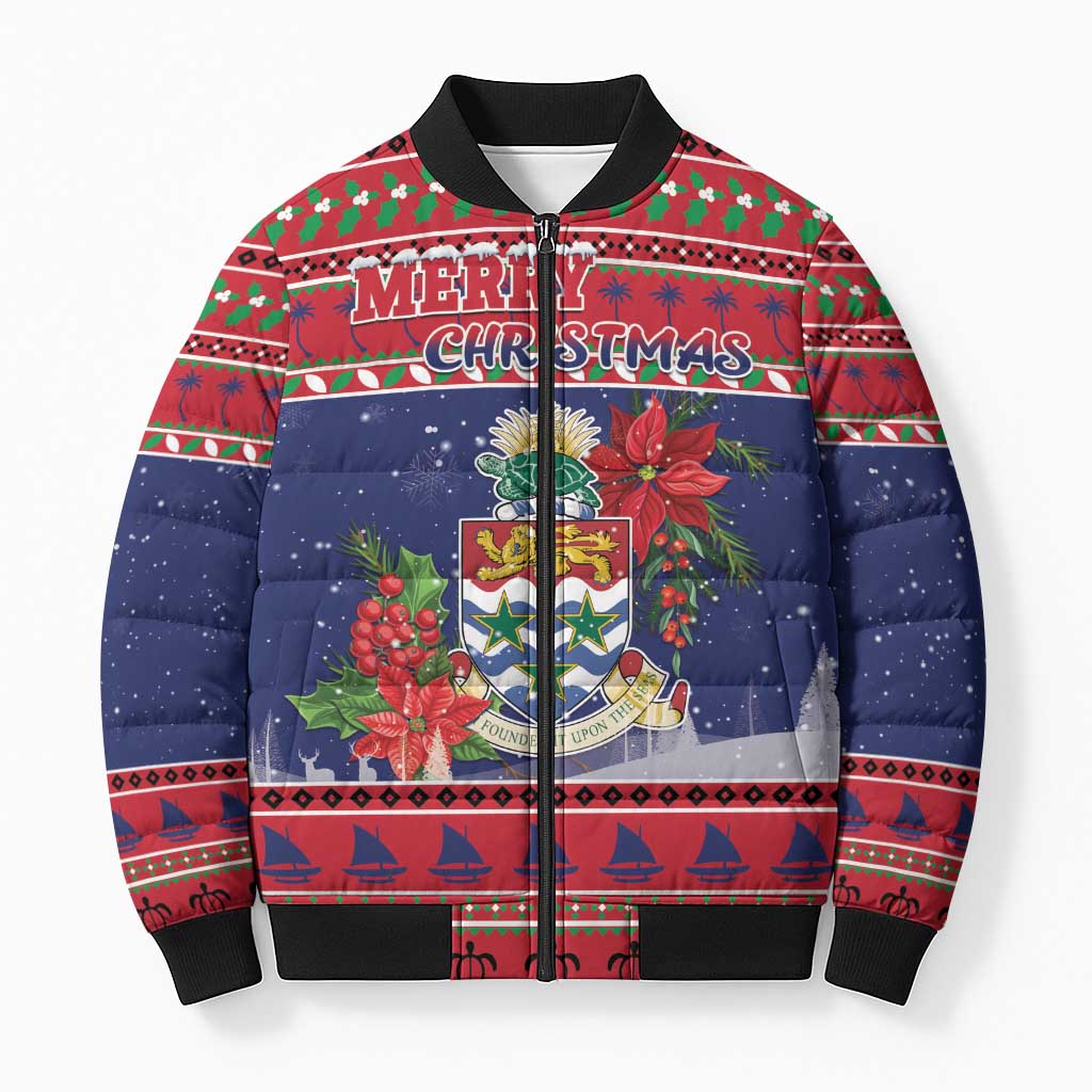 Cayman Islands Christmas Bomber Puffer Jacket Coat Of Arms With Poinsettia - Wonder Print Shop