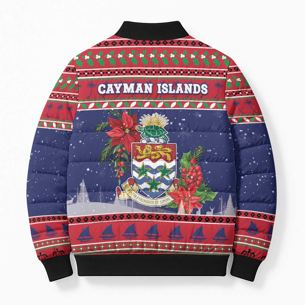 Cayman Islands Christmas Bomber Puffer Jacket Coat Of Arms With Poinsettia - Wonder Print Shop