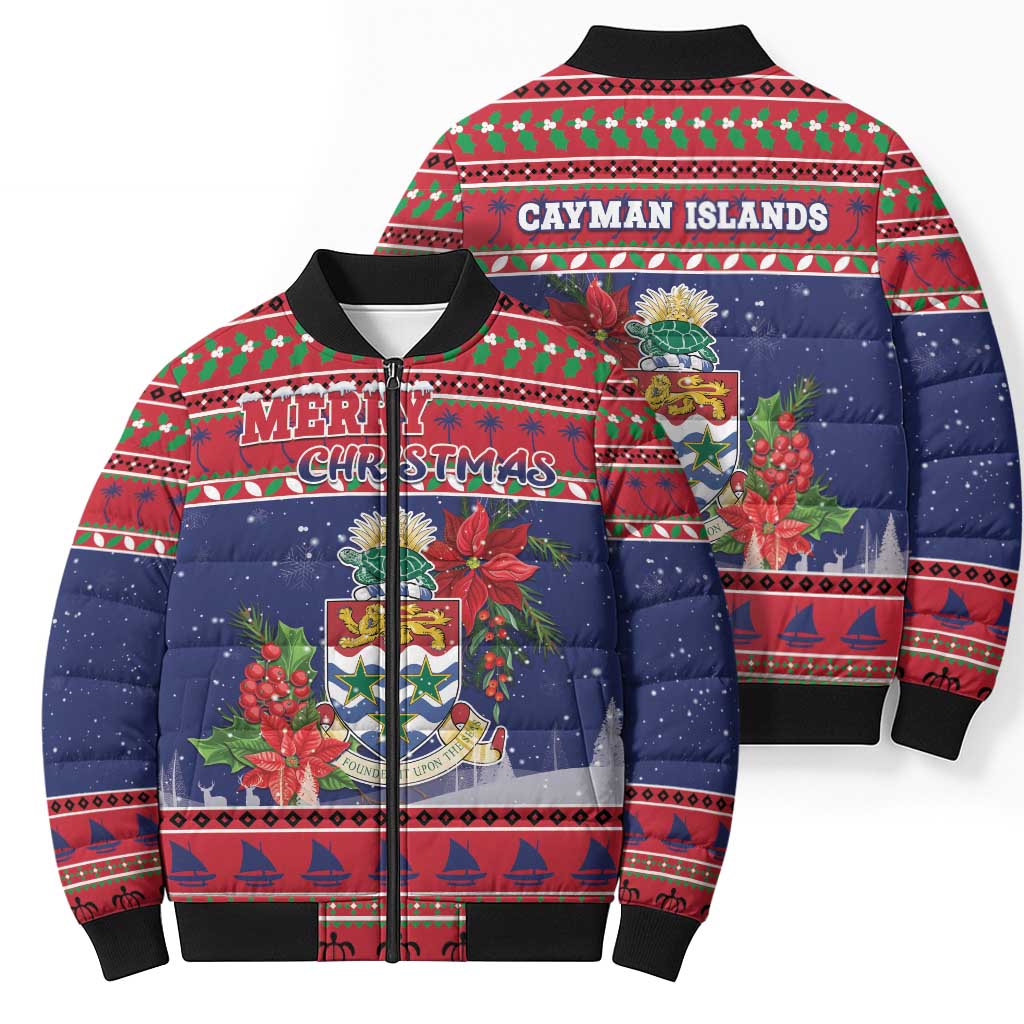 Cayman Islands Christmas Bomber Puffer Jacket Coat Of Arms With Poinsettia - Wonder Print Shop