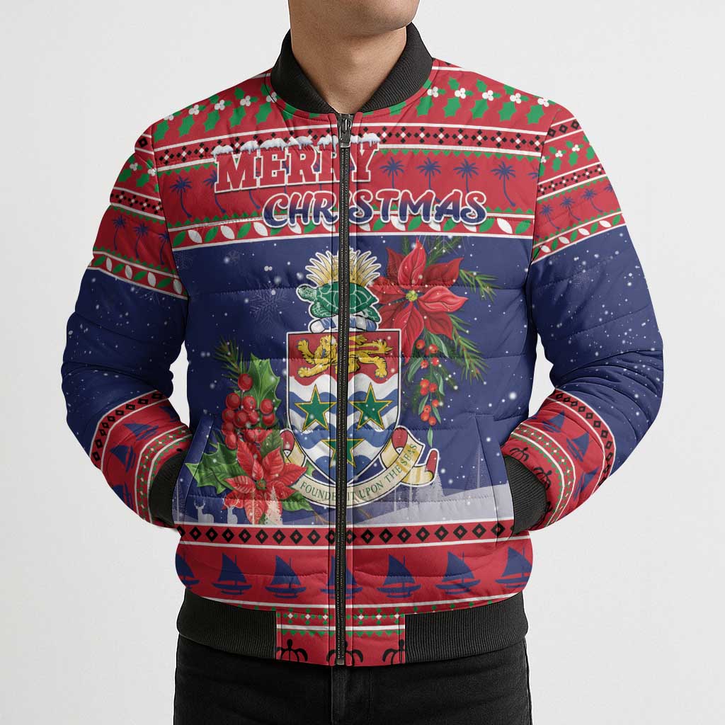 Cayman Islands Christmas Bomber Puffer Jacket Coat Of Arms With Poinsettia - Wonder Print Shop