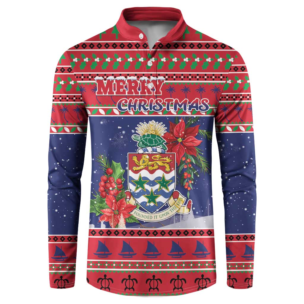 Cayman Islands Christmas Button Sweatshirt Coat Of Arms With Poinsettia - Wonder Print Shop