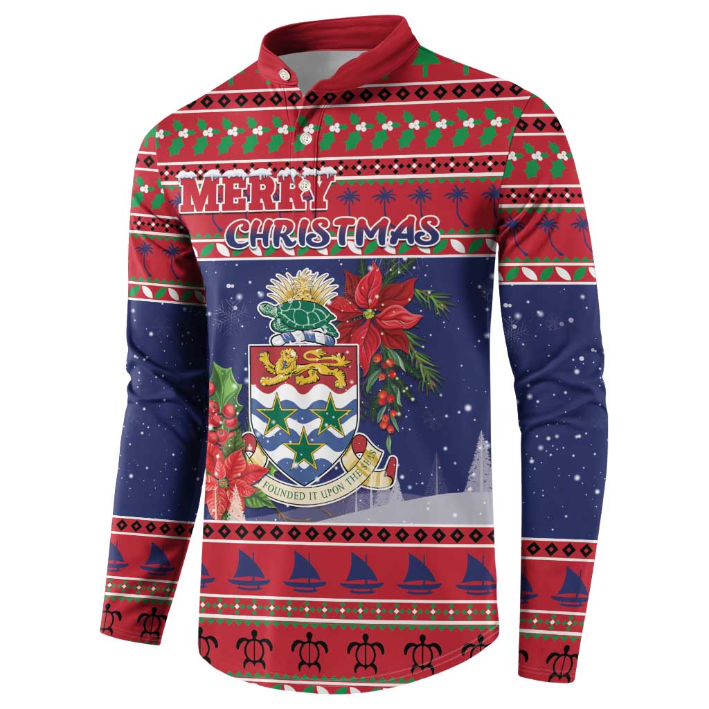 Cayman Islands Christmas Button Sweatshirt Coat Of Arms With Poinsettia - Wonder Print Shop