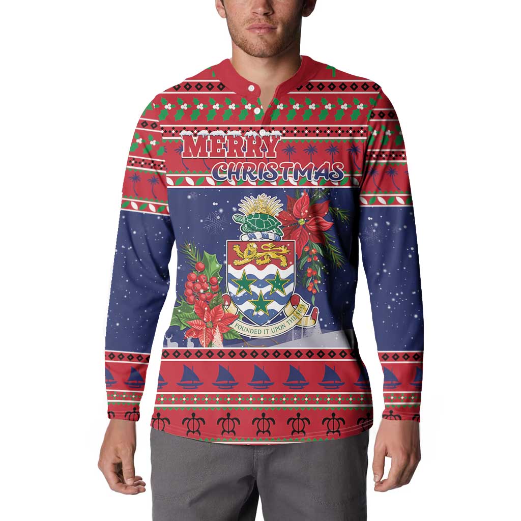 Cayman Islands Christmas Button Sweatshirt Coat Of Arms With Poinsettia - Wonder Print Shop