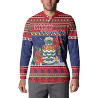 Cayman Islands Christmas Button Sweatshirt Coat Of Arms With Poinsettia - Wonder Print Shop