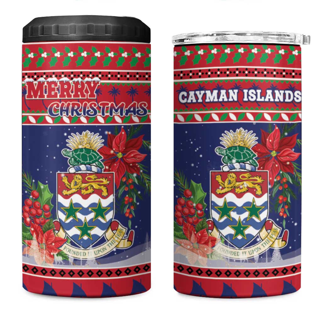 Cayman Islands Christmas 4 in 1 Can Cooler Tumbler Coat Of Arms With Poinsettia - Wonder Print Shop