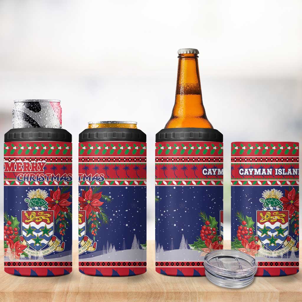 Cayman Islands Christmas 4 in 1 Can Cooler Tumbler Coat Of Arms With Poinsettia - Wonder Print Shop