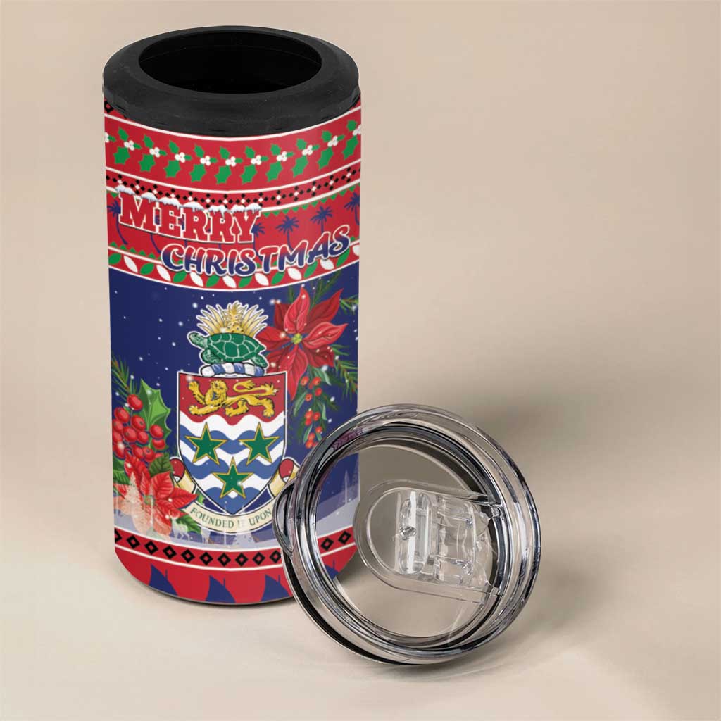Cayman Islands Christmas 4 in 1 Can Cooler Tumbler Coat Of Arms With Poinsettia - Wonder Print Shop