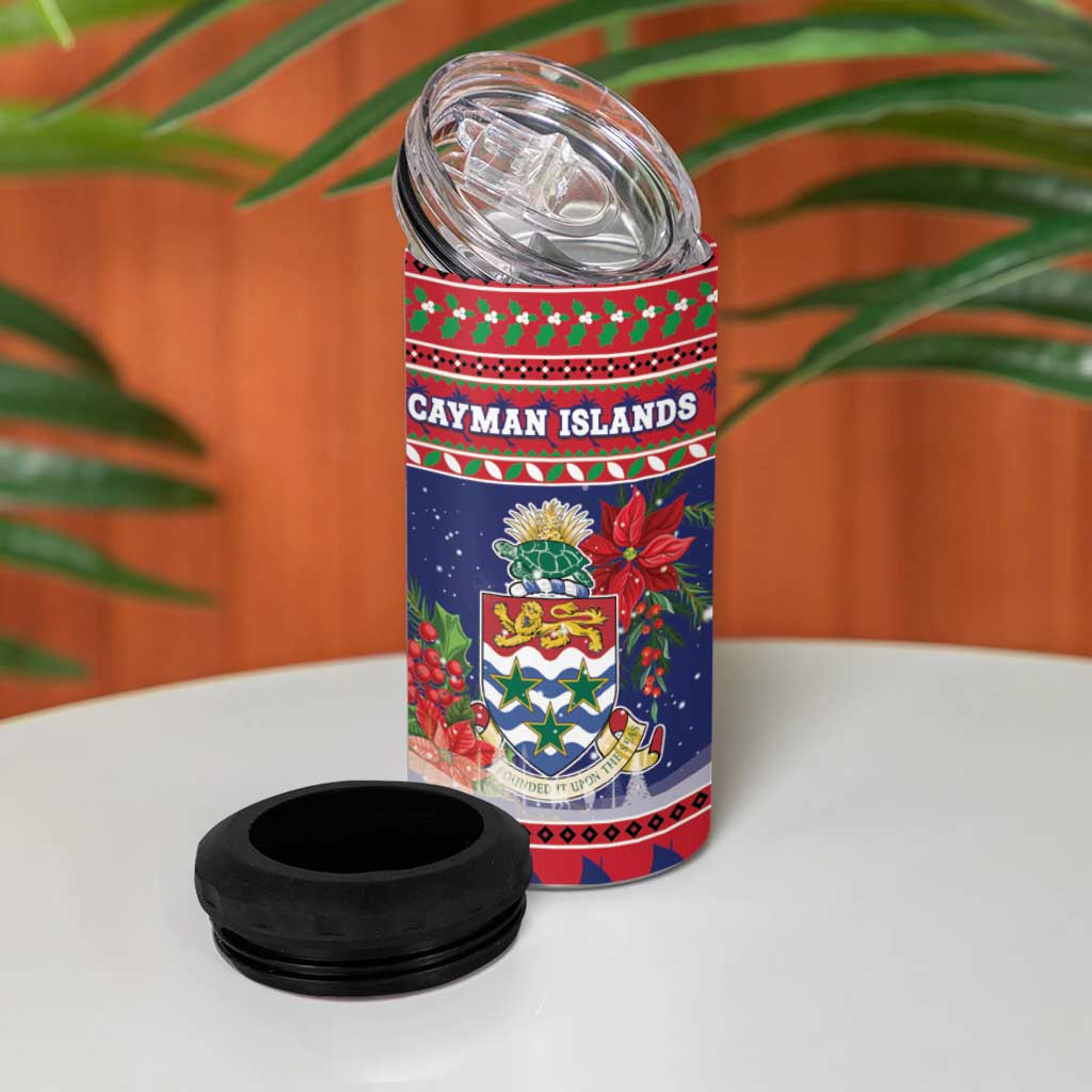 Cayman Islands Christmas 4 in 1 Can Cooler Tumbler Coat Of Arms With Poinsettia - Wonder Print Shop