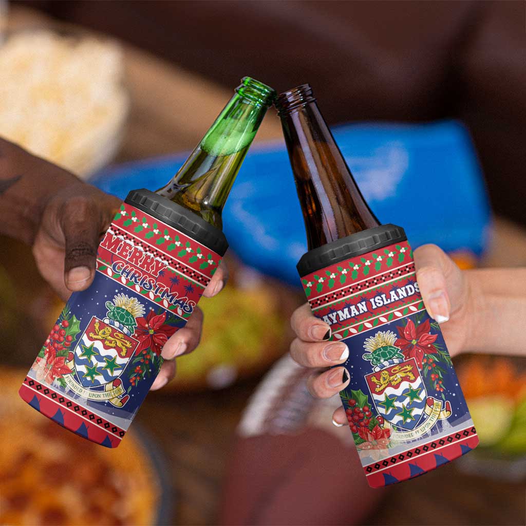 Cayman Islands Christmas 4 in 1 Can Cooler Tumbler Coat Of Arms With Poinsettia - Wonder Print Shop