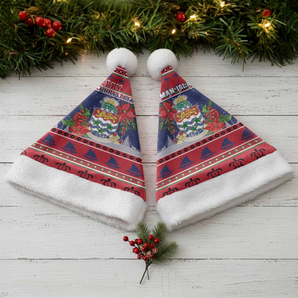 Cayman Islands Christmas Santa Hat Coat Of Arms With Poinsettia - Wonder Print Shop