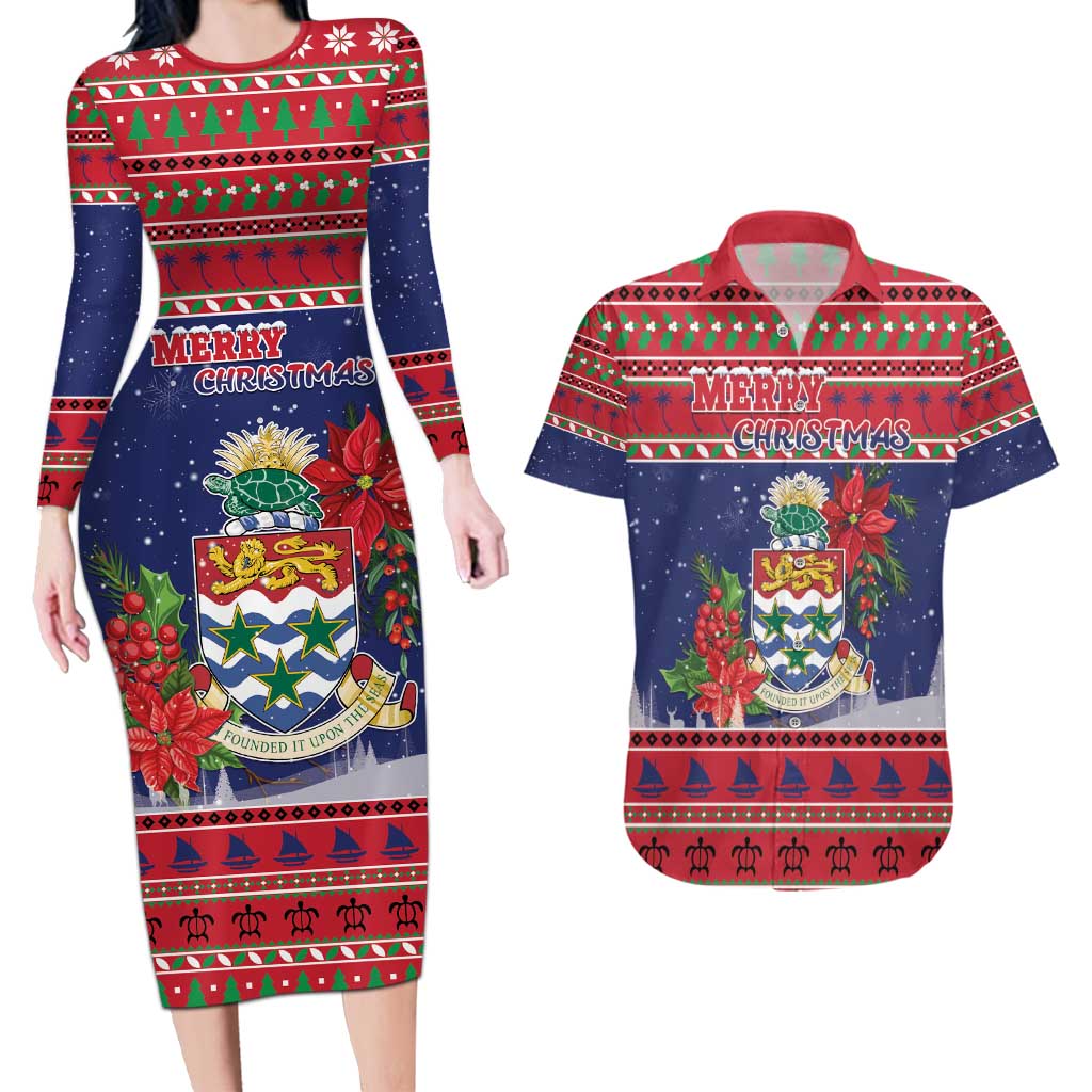 Cayman Islands Christmas Couples Matching Long Sleeve Bodycon Dress and Hawaiian Shirt Coat Of Arms With Poinsettia - Wonder Print Shop