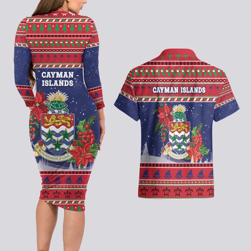 Cayman Islands Christmas Couples Matching Long Sleeve Bodycon Dress and Hawaiian Shirt Coat Of Arms With Poinsettia - Wonder Print Shop