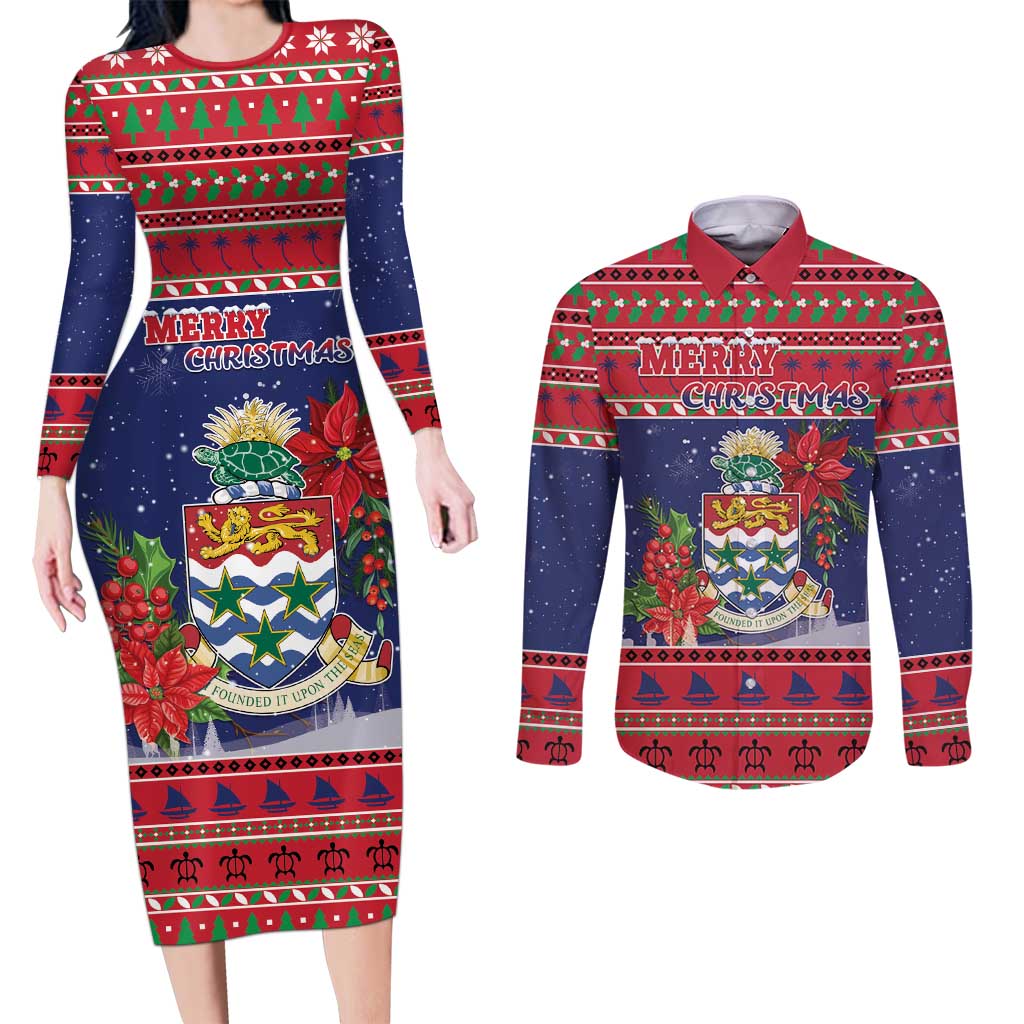 Cayman Islands Christmas Couples Matching Long Sleeve Bodycon Dress and Long Sleeve Button Shirt Coat Of Arms With Poinsettia - Wonder Print Shop
