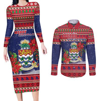Cayman Islands Christmas Couples Matching Long Sleeve Bodycon Dress and Long Sleeve Button Shirt Coat Of Arms With Poinsettia - Wonder Print Shop