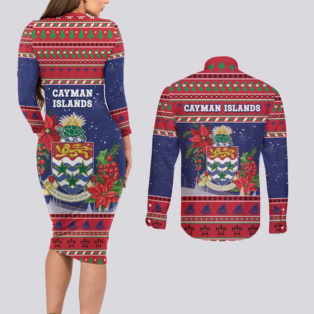 Cayman Islands Christmas Couples Matching Long Sleeve Bodycon Dress and Long Sleeve Button Shirt Coat Of Arms With Poinsettia - Wonder Print Shop