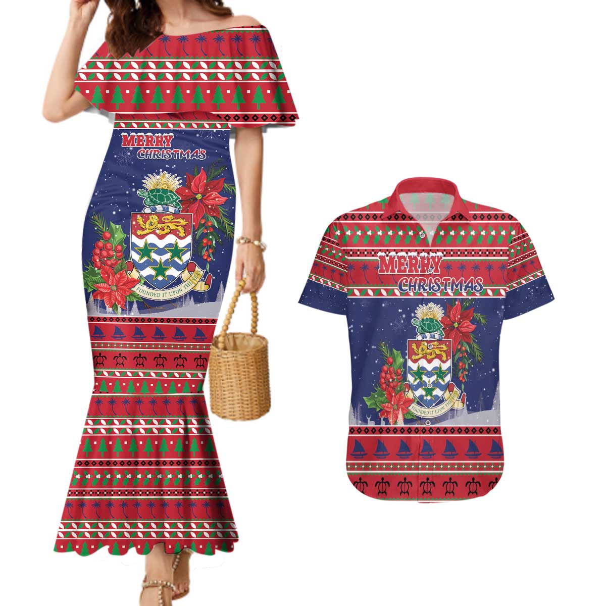 Cayman Islands Christmas Couples Matching Mermaid Dress and Hawaiian Shirt Coat Of Arms With Poinsettia - Wonder Print Shop