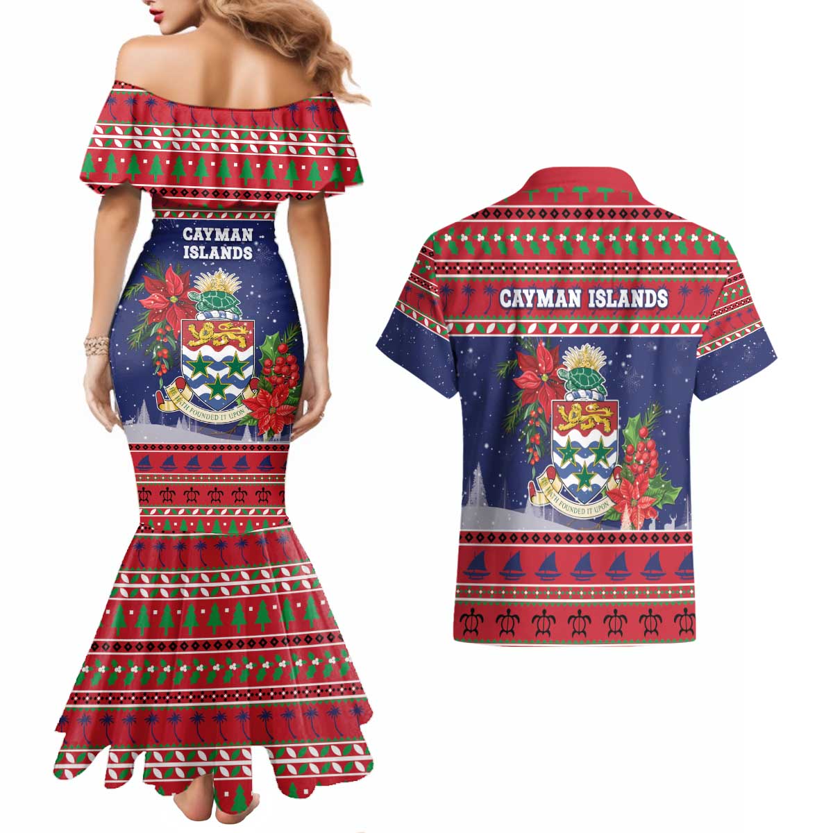 Cayman Islands Christmas Couples Matching Mermaid Dress and Hawaiian Shirt Coat Of Arms With Poinsettia - Wonder Print Shop