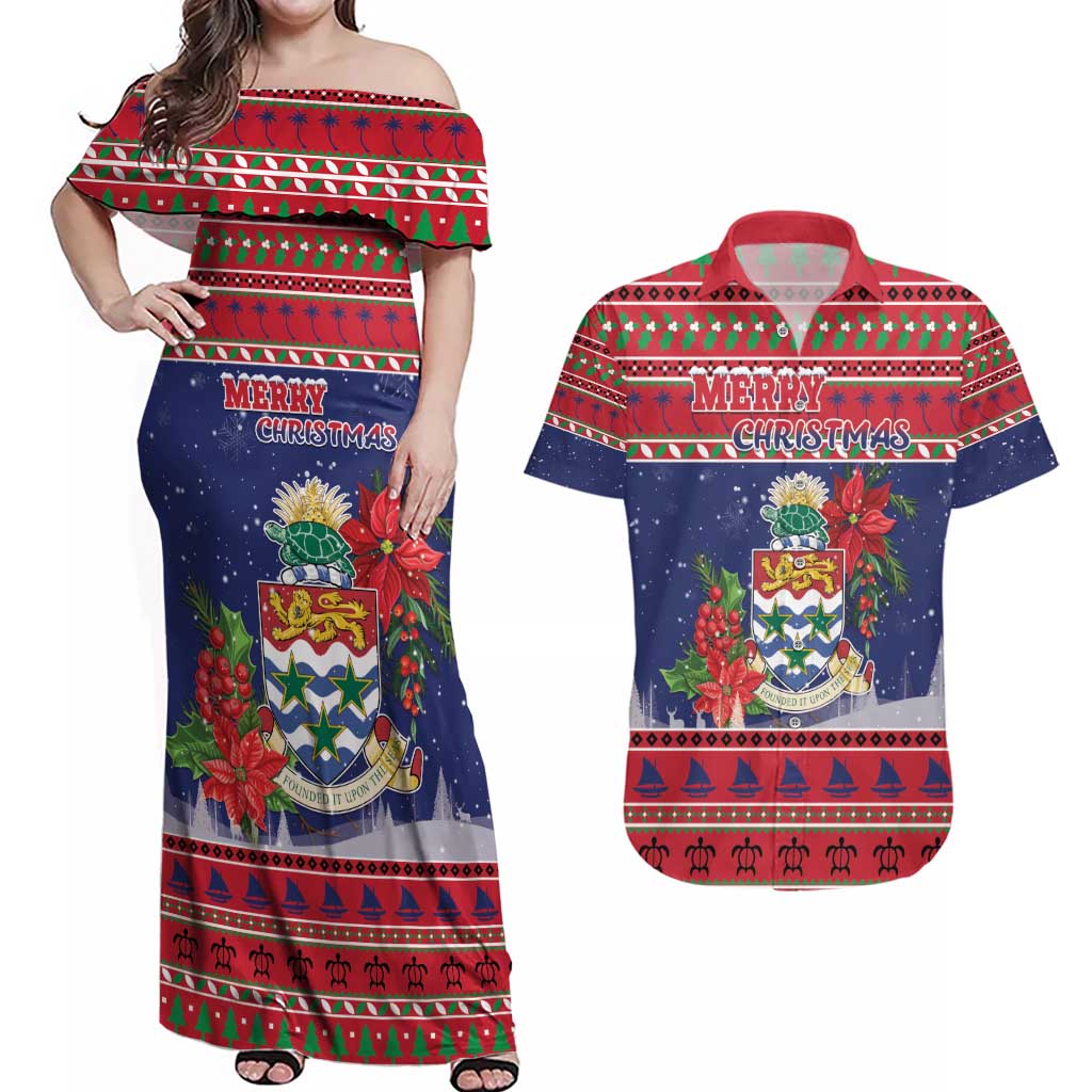 Cayman Islands Christmas Couples Matching Off Shoulder Maxi Dress and Hawaiian Shirt Coat Of Arms With Poinsettia - Wonder Print Shop