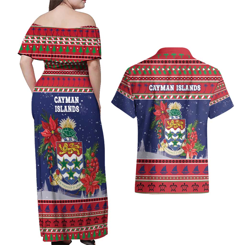 Cayman Islands Christmas Couples Matching Off Shoulder Maxi Dress and Hawaiian Shirt Coat Of Arms With Poinsettia - Wonder Print Shop