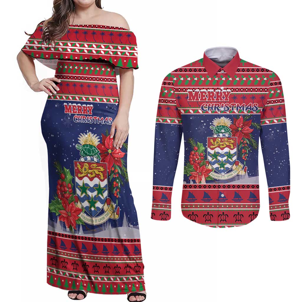 Cayman Islands Christmas Couples Matching Off Shoulder Maxi Dress and Long Sleeve Button Shirt Coat Of Arms With Poinsettia - Wonder Print Shop