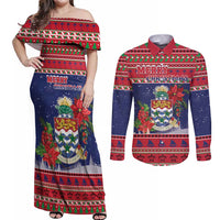 Cayman Islands Christmas Couples Matching Off Shoulder Maxi Dress and Long Sleeve Button Shirt Coat Of Arms With Poinsettia - Wonder Print Shop