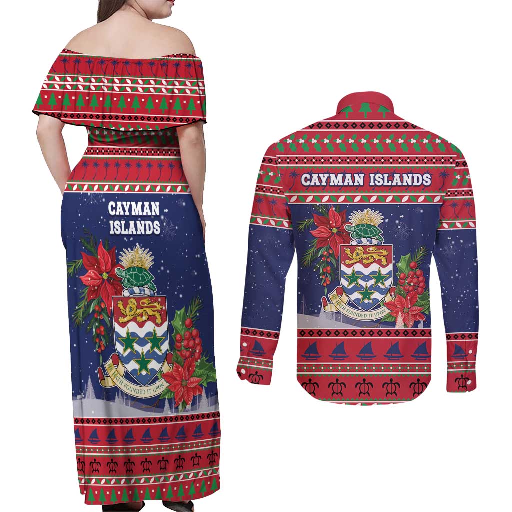 Cayman Islands Christmas Couples Matching Off Shoulder Maxi Dress and Long Sleeve Button Shirt Coat Of Arms With Poinsettia - Wonder Print Shop
